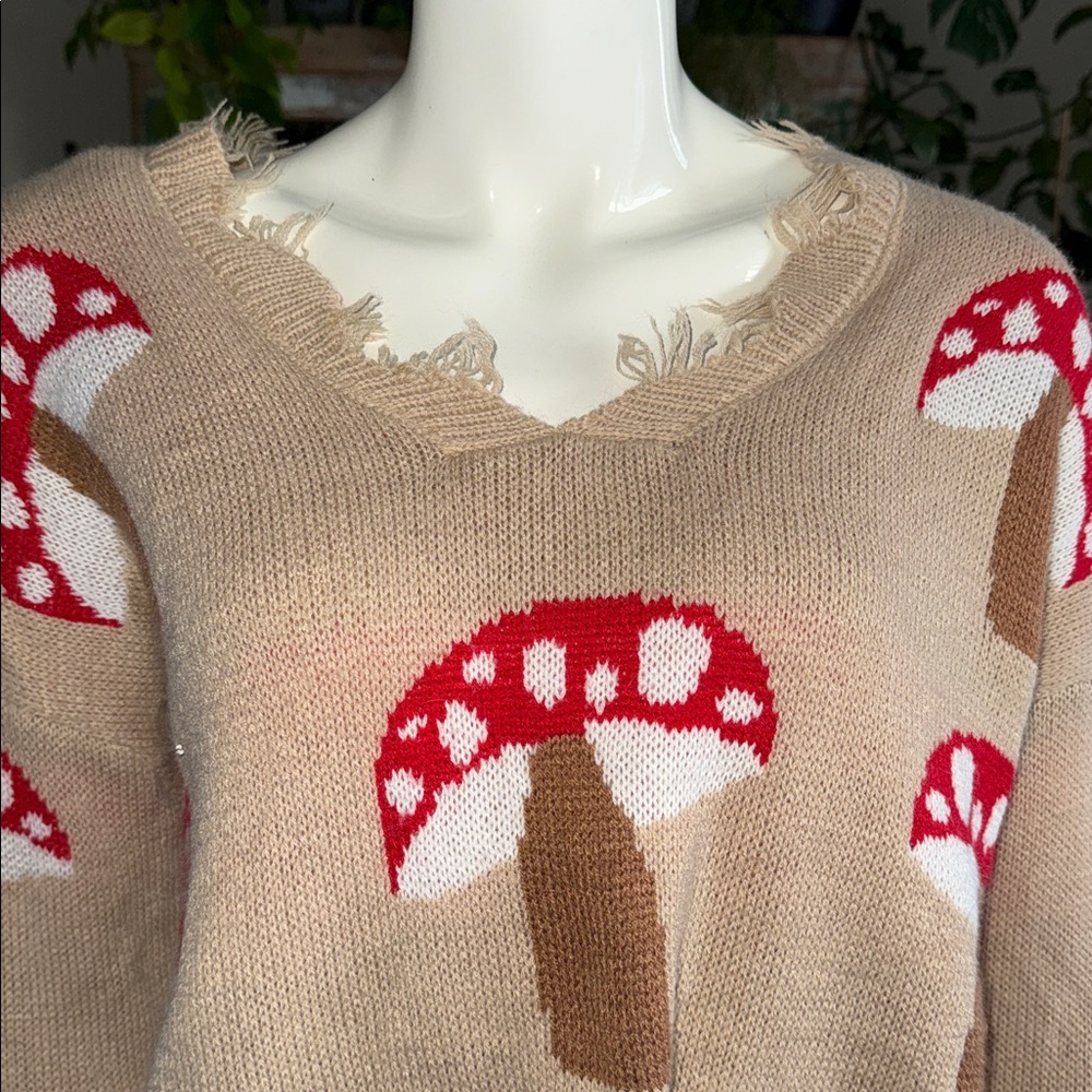Rue 21 Frayed Mushroom Pattern V Neck knit Sweater - Tan Red white - Picture 3 of 9